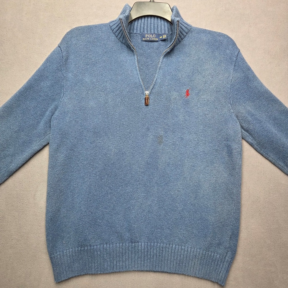 Polo Ralph Lauren Mens Medium Blue Cotton Quarter Zip Sweater Leather Pull